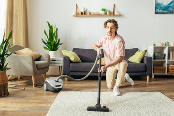 A handsome man in cozy homewear diligently vacuuming a living room.
