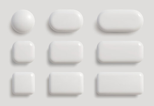 Simple white blank monochrome buttons in 3D style. Circle, square, rectangle shapes. Vector illustration