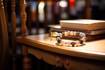 Fototapeta premium Bracelet on a rocking chair with bookshelf bokeh.