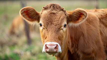 Curious cow close up. A close up portrait of a brown cow with soft focus background, perfect for agricultural or livestock themes.