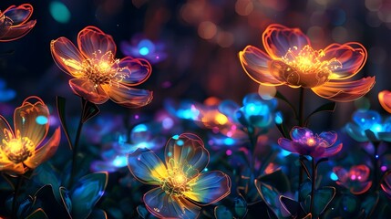 Enchanting Bioluminescent Floral Fantasy Garden under Starry Night Sky
