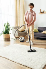 A handsome man in cozy homewear diligently vacuums his living room.