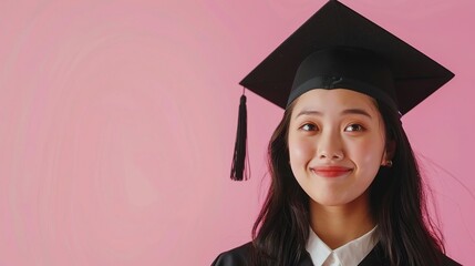 Smiling graduate with cap and gown against pink background.