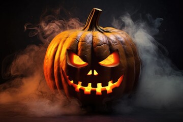 spooky halloween pumpkin on dark smoke background