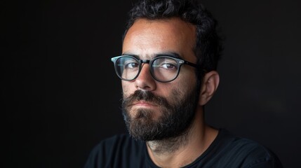 Obraz premium Portrait of a handsome bearded man with dark hair and glasses, standing isolated on a black background with plenty of room to copy