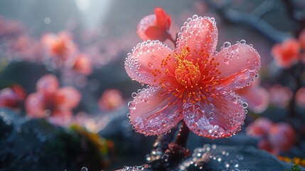    a pink flower with water droplets, surrounded by blurred red flower petals in the background - Powered by Adobe