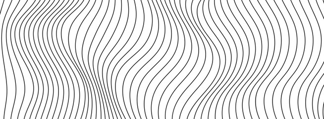 Wave lines abstract background, black thin wavy stripes with movement optical effect. Minimalistic drawing, graphic curves flow. Modern vector illustration isolated on white.
