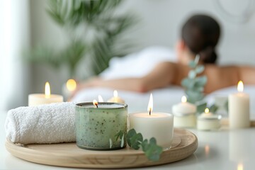 Young woman enjoying exotic massage. Relaxed girl lying on a bed. Spa items for procedures on the foreground. Candles, essential oils and sea salt. Aromatherapy. Beauty treatment and relax concept.