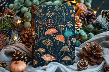Beautiful floral patterned notebook surrounded by pinecones and fairy lights. Cozy holiday scene.