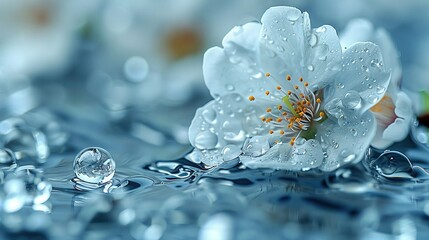   A white flower floating on water's surface with droplets on the petals below