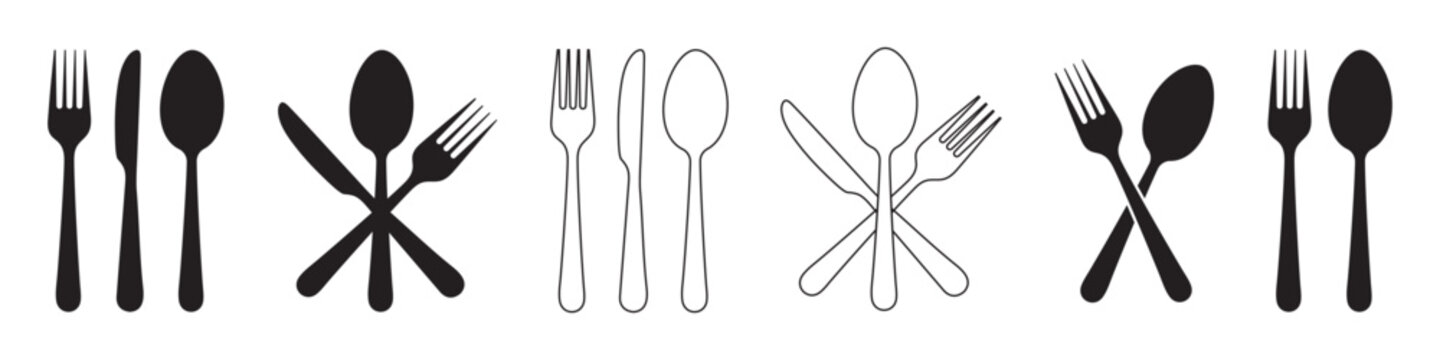 Fork, spoon, knife and plate. Menu symbol. Tableware instruments. Restaurant icon. Food, plate, fork, knife, spoon, cutlery icon set.