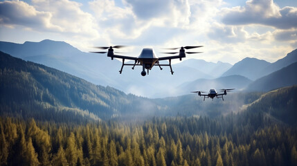 Fototapeta premium Military kamikaze drone flying over cloudy mountains
