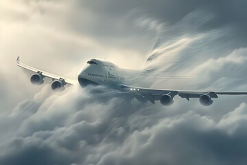 Commercial Airliner Navigating Turbulent Clouds in the Sky
