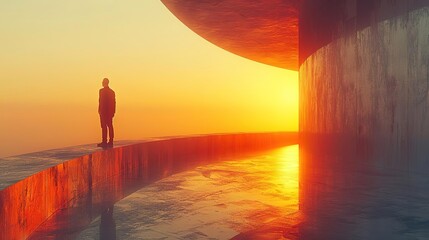 Silhouette of a man standing on a concrete platform with a sunrise behind a curved wall.