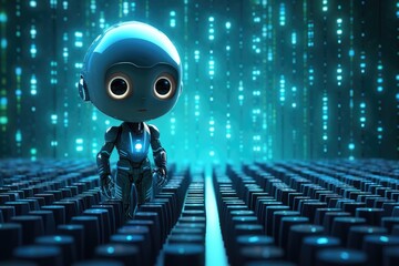 cute robot in digital world on binary code background