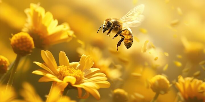 Close-up macro of bee on yellow flower. Honey bee collects nectar. Flying large honeybee collecting bee pollen from flowers blossom. Blur natural background. Sunny bright day. Summer and spring.