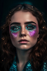 Fototapeta premium A woman with purple and blue face paint and glitter. She has a nose stud and is wearing a blue dress