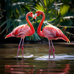 caribbean flamingos nassau bahamas sunset blue sky green tree background,