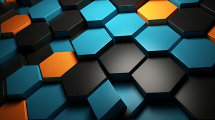 Vibrant 3d rendering of black, blue, and orange hexagons background pattern: futuristic technology concept.

