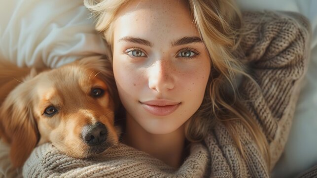A woman and her golden retriever dog cuddling on a bed.