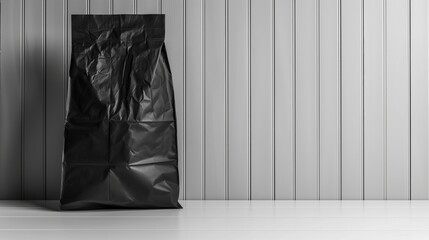 A black shopping bag is placed on a white wooden table in a room, mockup with copy space