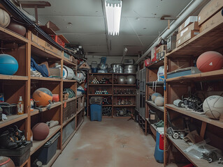 Organized Clutter in Sports Equipment Storage Room: Wooden Shelves with Basketballs, Soccer Balls, Tennis Rackets, Helmets in Dim Fluorescent Light, Dusty Floor, and Overflowing Bins Indicating