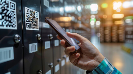 Hand Scanning QR Code with Smartphone in Modern Industrial Setting