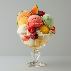 Milk ice cream with fruit with a plain background