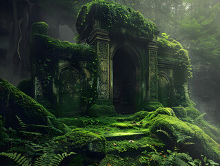 Mystical Abandoned Stone Gateway Overgrown with Lush Moss and Ivy in Dense Forest Enchanted Ancient Ruin with Ornate Carvings, Dark Arch, Vibrant Vegetation, Misty Trees Fantasy Adventure