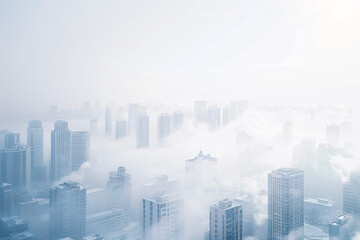 cityscape with tall buildings shrouded in thick fog creating a calm and quiet urban scene with diffused light