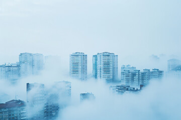 cityscape with high-rise buildings partially obscured by dense fog creating a mysterious and serene atmosphere