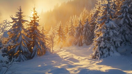 Sparkling sunlight illuminates snow covered fir forest in winter