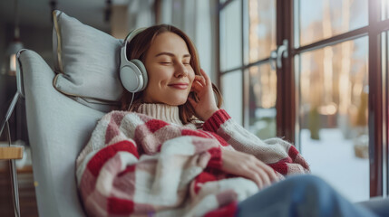 Young Woman Relaxing with Headphones Indoors, Enjoying Music or Podcast in a Cozy Setting