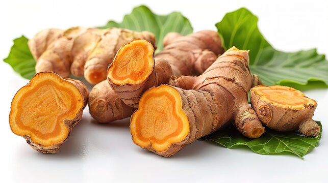 Close up of fresh turmeric root, cut and whole, isolated on white background.