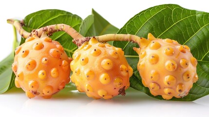Three Kiwano melons with leaves on a white background.