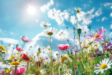 Wild flowers at summer meadow. Close up bottom view. Idyllic beautiful cosmos flower field. Natural colorful panoramic landscape with many wild flowers of daisies against blue sky. Poppies, cornflower
