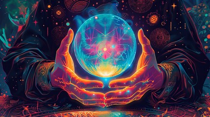 Vibrant Tarot Reader's Hands Holding Glowing Crystal Ball and Mystical Symbols