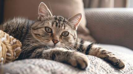 Relaxed tabby cat on couch. A tabby cat with beautiful markings relaxes on a cozy couch, enjoying a moment of peace and tranquility.