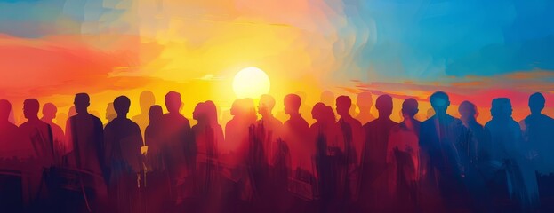 A group of diverse people stand together, looking out at a beautiful sunset