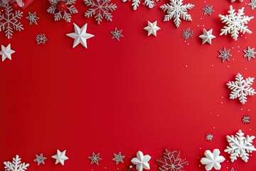 Christmas red background with snowflakes to the side. Merry Christmas and Happy Holidays greeting card, frame, banner. New Year. Noel. White Christmas ornaments top view. Winter holiday xmas theme.