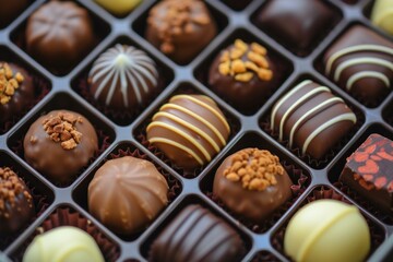 Close-up view of a box filled with a variety of fine chocolate confections