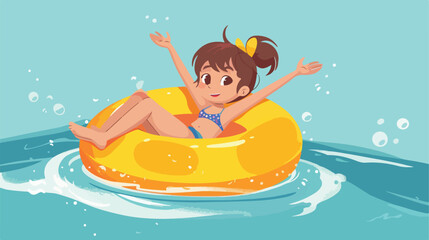 Happy kid on inflatable pool ring. Swimming girl Cart