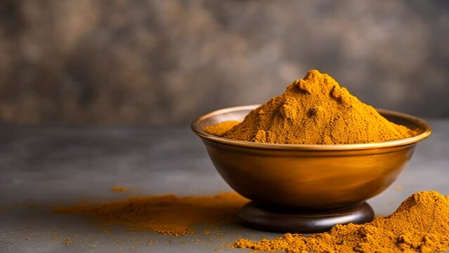 Сlose-up of ground turmeric powder in a rustic bowl