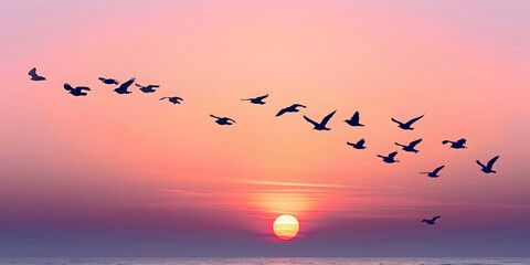 Graceful Avian Dance Birds Flying in Twilight, Silhouetted Symphony Flock of Birds Against Sunset