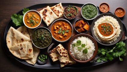 Indian Lunch / Dinner main course food in group includes Paneer Butter Masala, Dal Makhani, Palak Paneer, Roti, Rice etc, Selective focus Top view. Free space for your text.