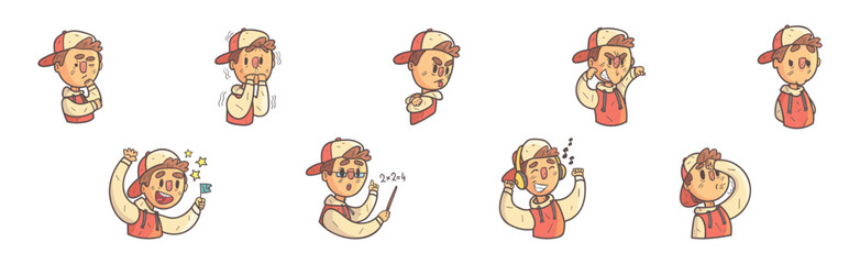Funny Boy Character Showing Different Emotion Vector Set