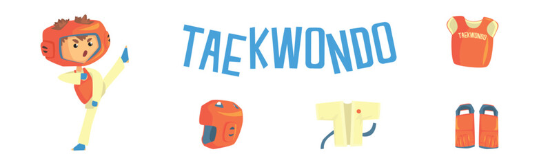 Taekwondo Fight and Martial Arts Object and Equipment Vector Set