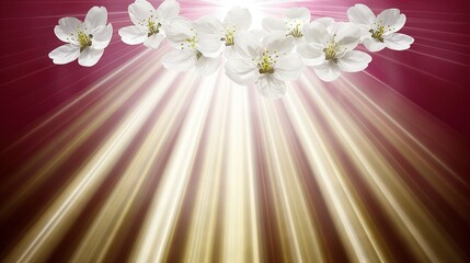   A collection of white blooms perched on top of a red and gold-striped backdrop, surrounded by a sunburst