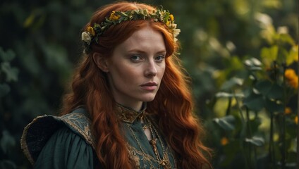 young redhaired woman in medieval dress