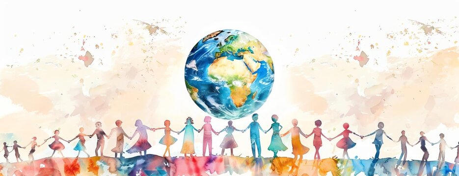 A watercolor painting of people of all colors and ethnicities holding hands around the Earth